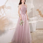 Pink tulle beads long prom dress A line evening gown  10299