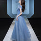 Blue tulle sequins long prom dress evening gown  10310