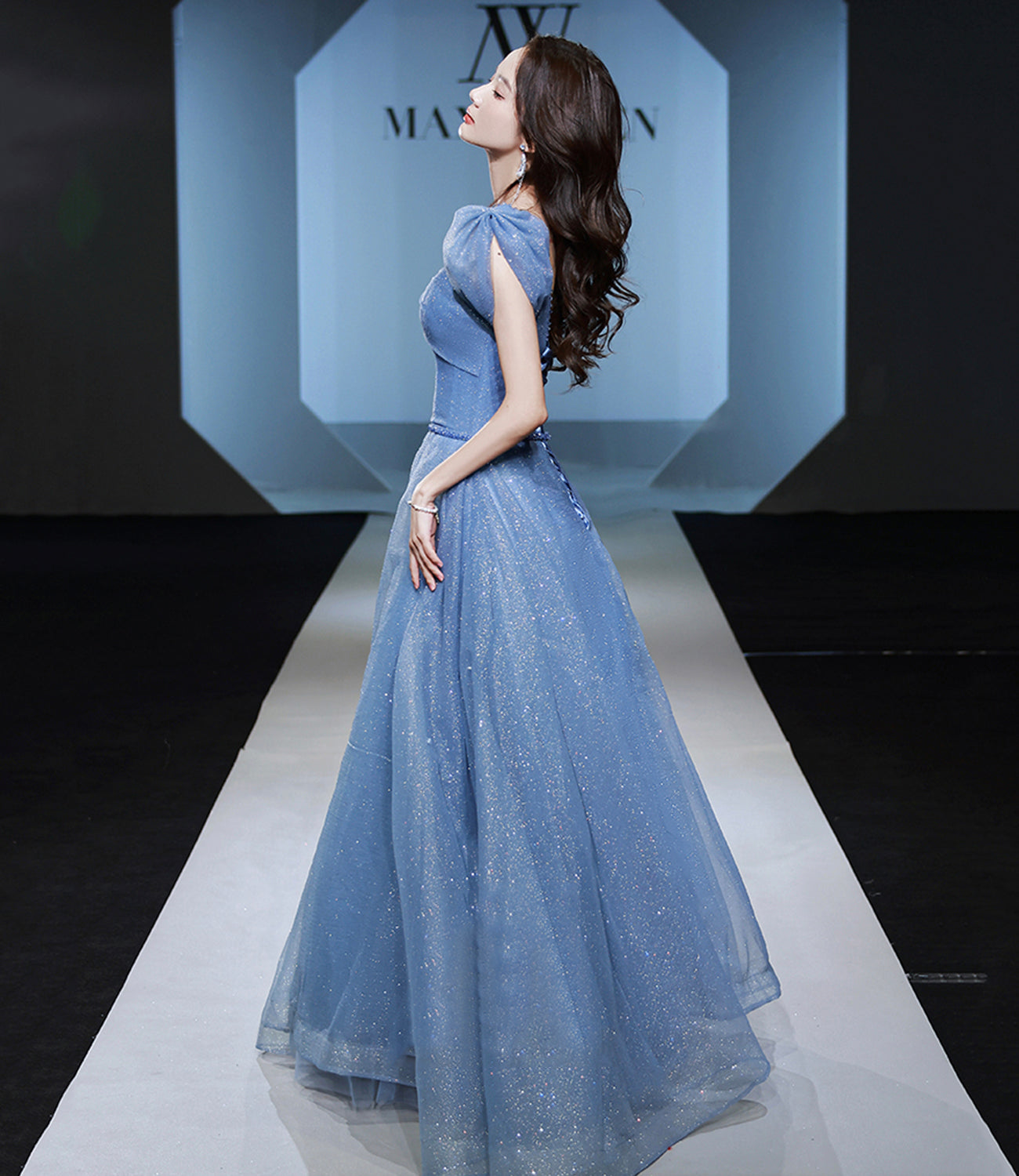 Blue tulle sequins long prom dress evening gown  10310