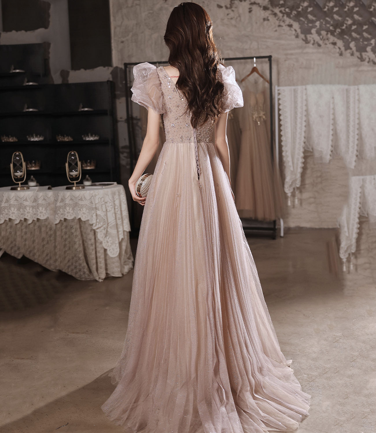 Rosa Tüll Perlen langes Ballkleid A-Linie Abendkleid 10320