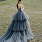 Robe de soirée longue en tulle et dentelle grise 10306