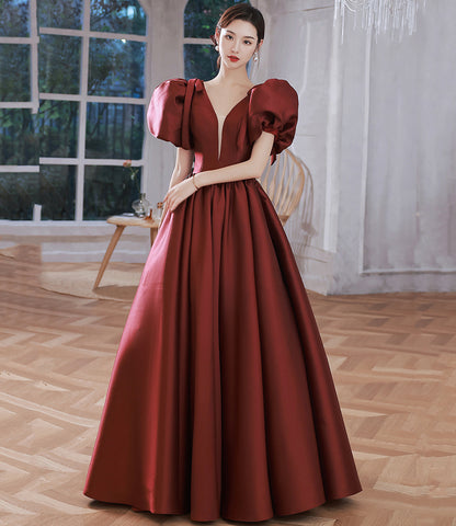 Langes Ballkleid aus Satin mit V-Ausschnitt in Burgund A-Linie Abendkleid 10314
