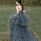 Robe de soirée longue en tulle et dentelle grise 10306