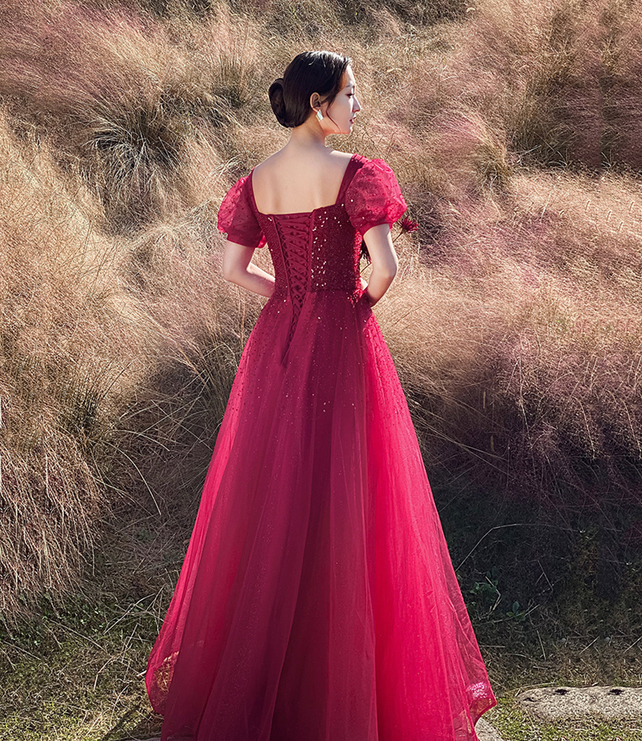 Rote Tüllperlen langes Ballkleid A-Linie Abendkleid 10303