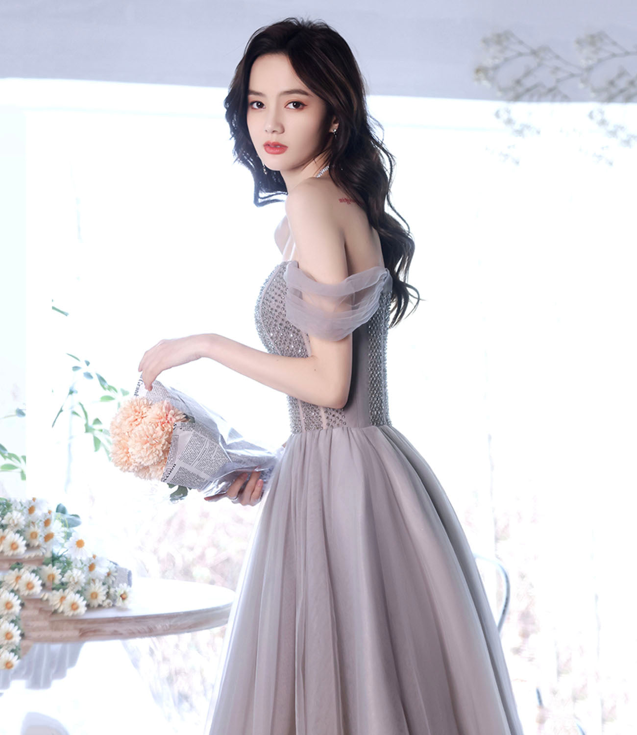Süßes Tüll Perlen langes Ballkleid A-Linie Abendkleid 10319