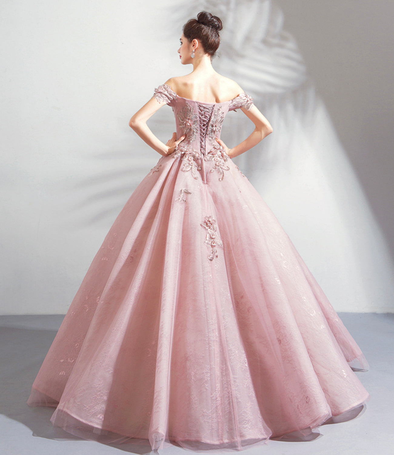 Rosa Tüll Spitze langes Ballkleid A-Linie Abendkleid 10359