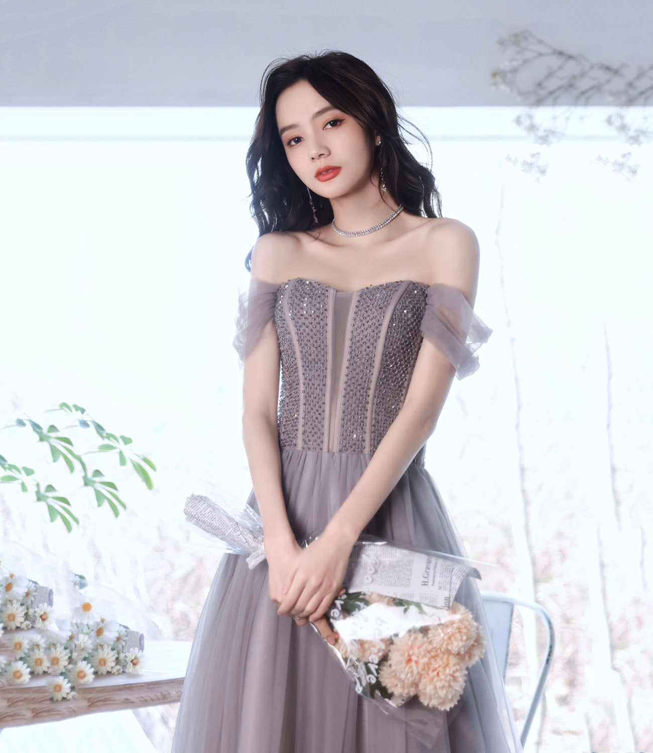 Süßes Tüll Perlen langes Ballkleid A-Linie Abendkleid 10319