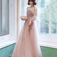 Pink tulle lace long prom dress pink evening dress  10267