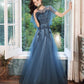 Blaues langes Ballkleid aus Tüllspitze blaues Abendkleid 10286