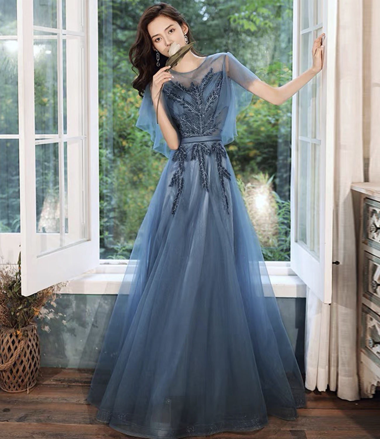 Blaues langes Ballkleid aus Tüllspitze blaues Abendkleid 10286