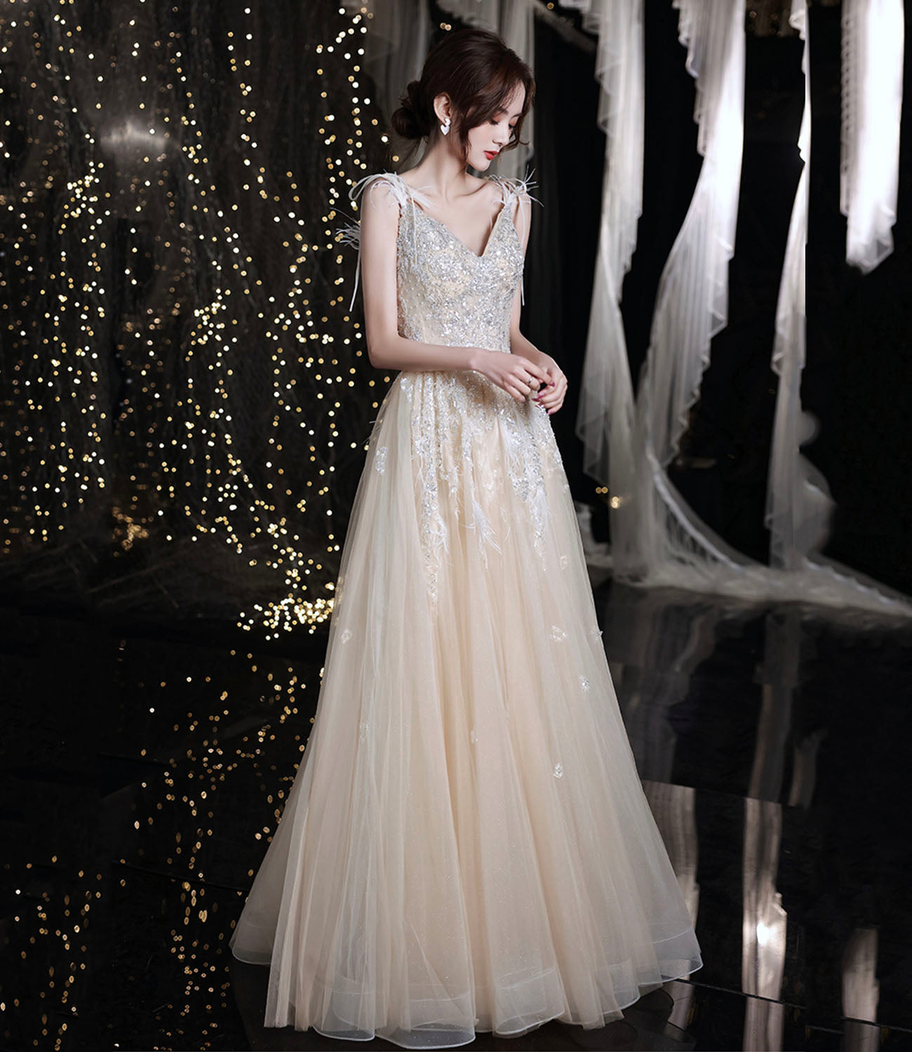 Champagner Tüll Pailletten langes Ballkleid Abendkleid 10281
