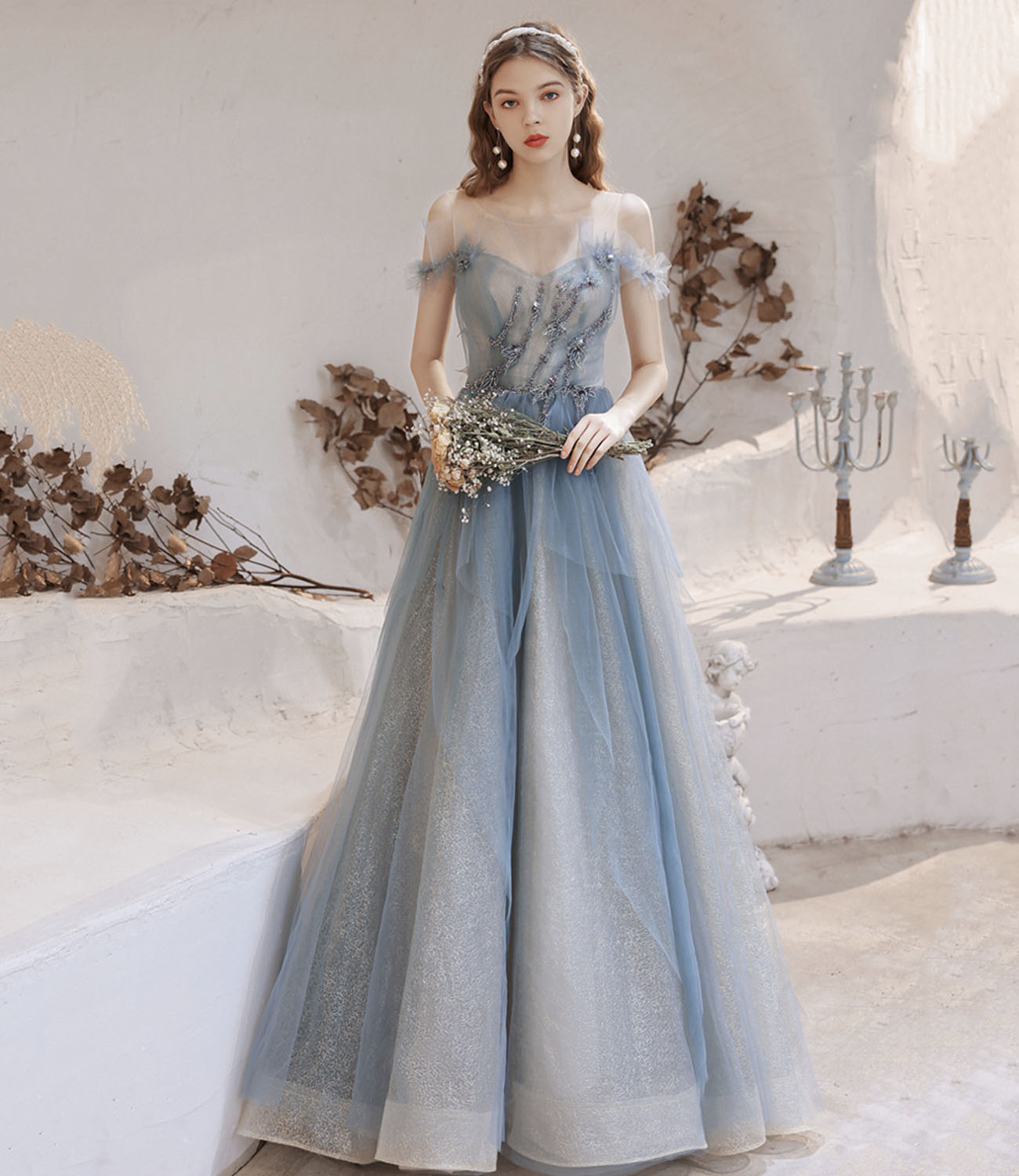 Blue tulle beads long prom dress blue evening dress  10283