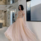 Cute tulle beads long prom dress A line evening gown  10264