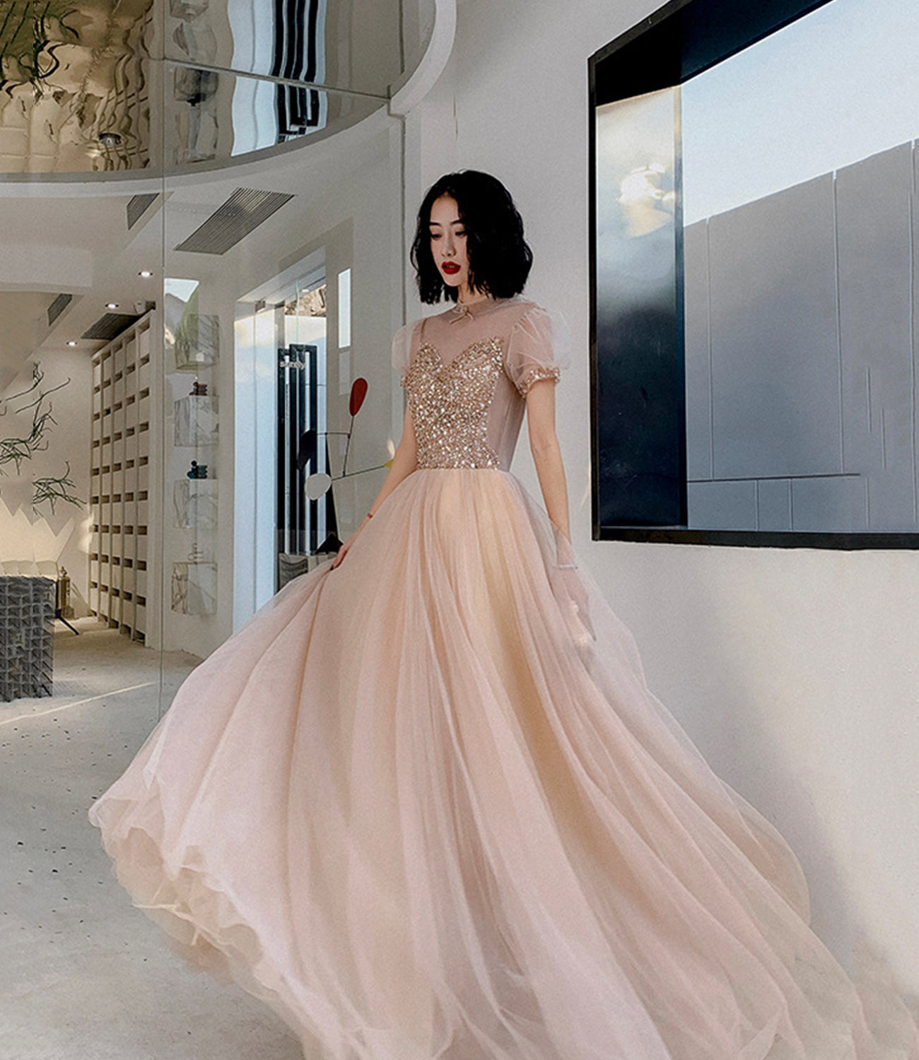 Cute tulle beads long prom dress A line evening gown  10264