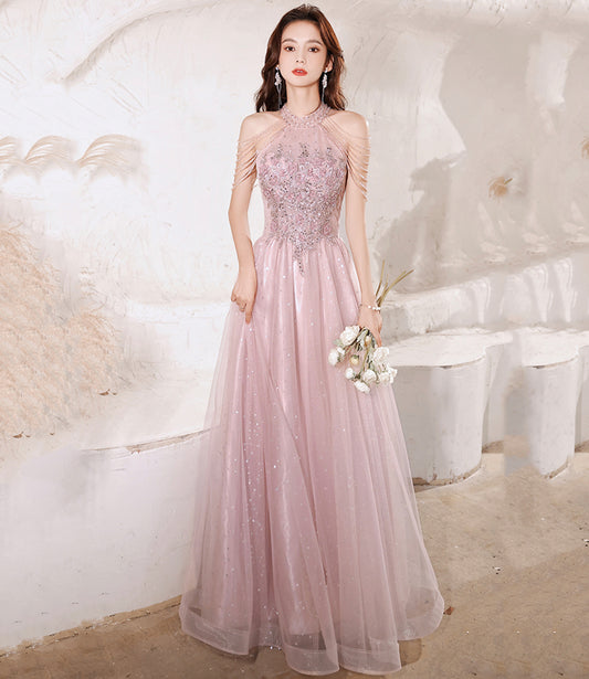 Pink tulle beads long prom dress A line evening gown  10299