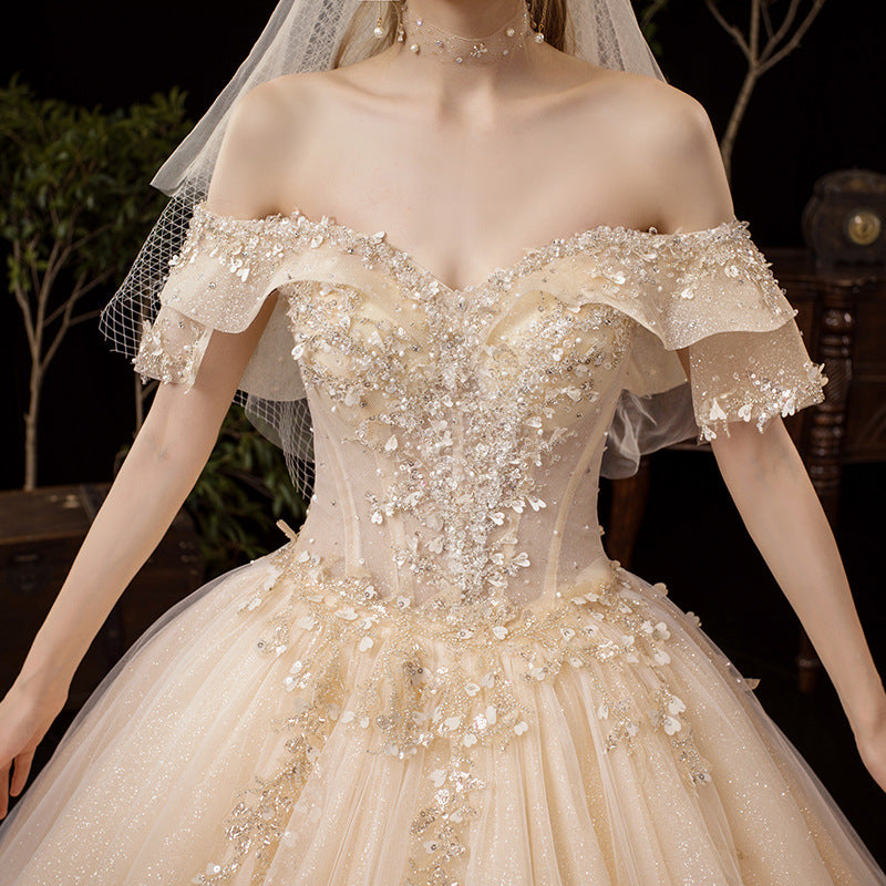 Champagner Tüll Pailletten langes Ballkleid Abendkleid 10250