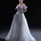 Blue tulle long A line prom dress blue evening dress  10291