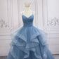 Blue tulle long prom dress blue evening gown  10248
