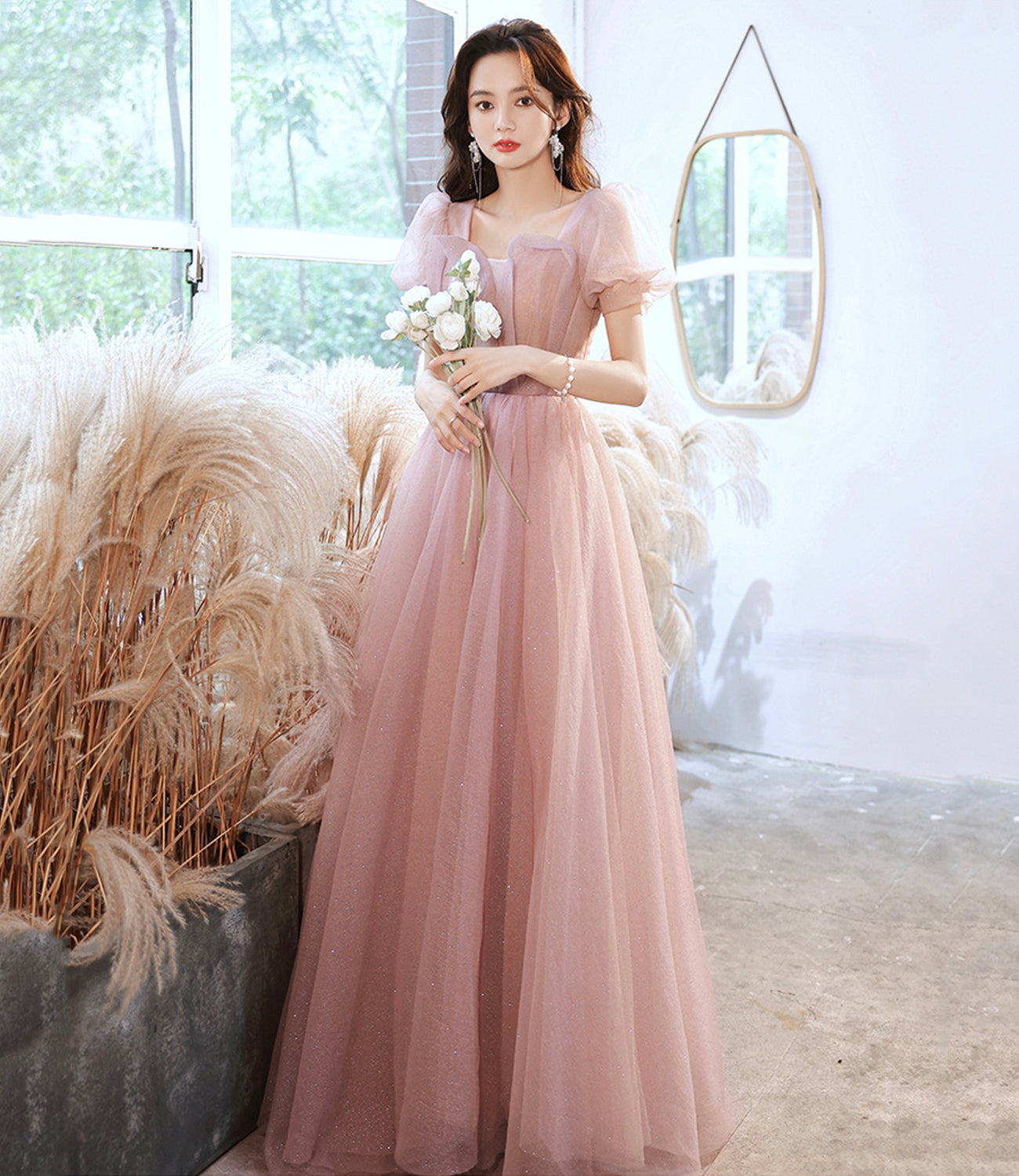Rosa langes Ballkleid aus Tüll Rosa Abendkleid 10258