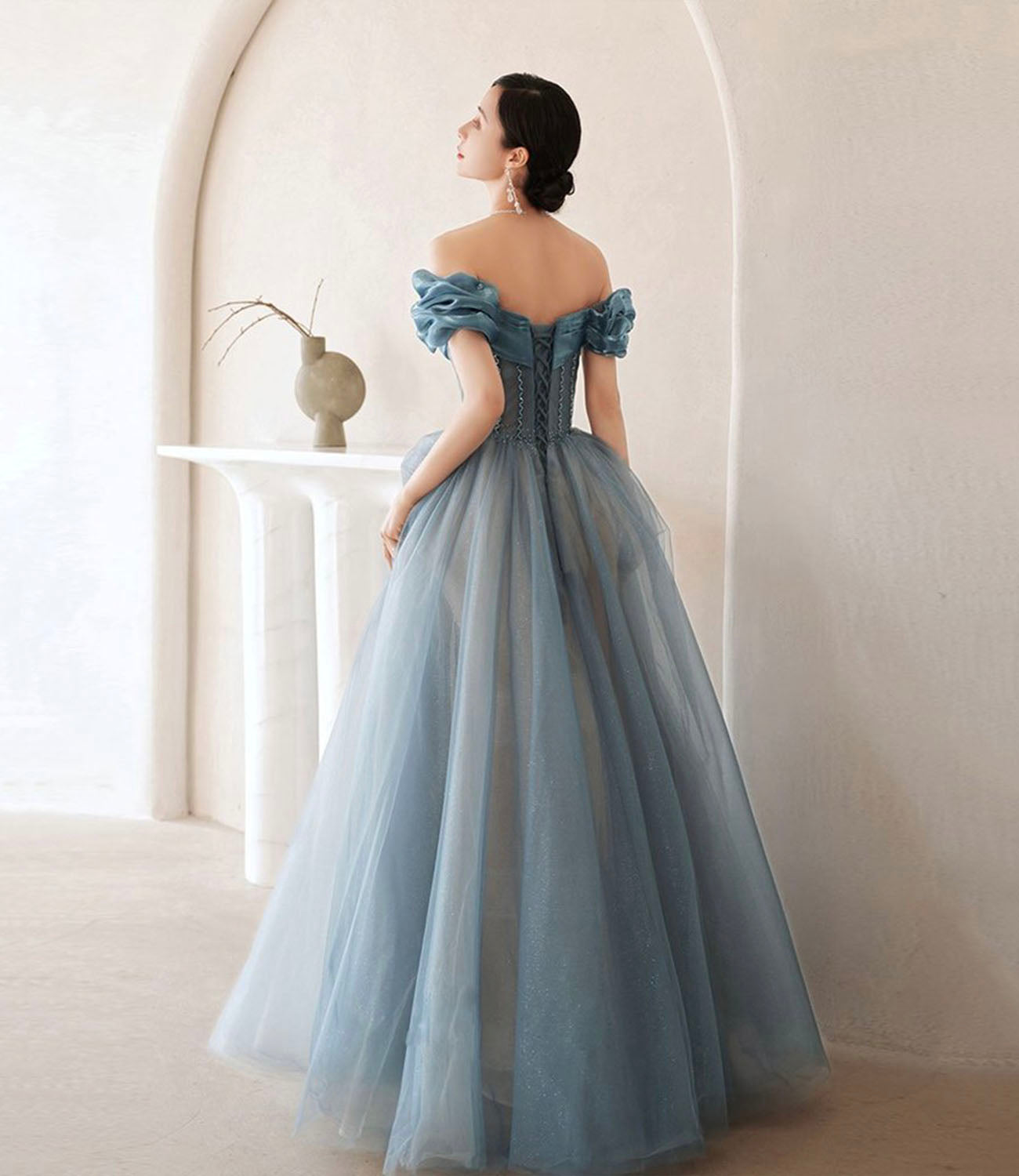 Blue tulle long A line ball gown dress evening gown  10287