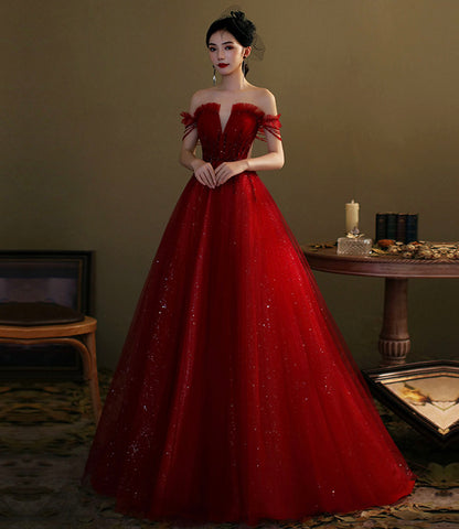 Langes Ballkleid Abendkleid aus rotem Tüll mit Pailletten 10276