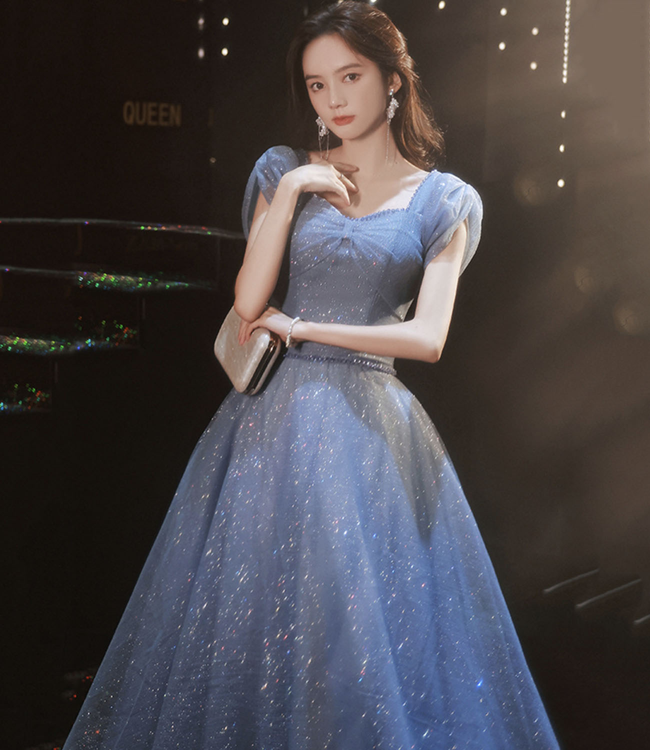 Blue tulle long prom dress blue evening dress  10292