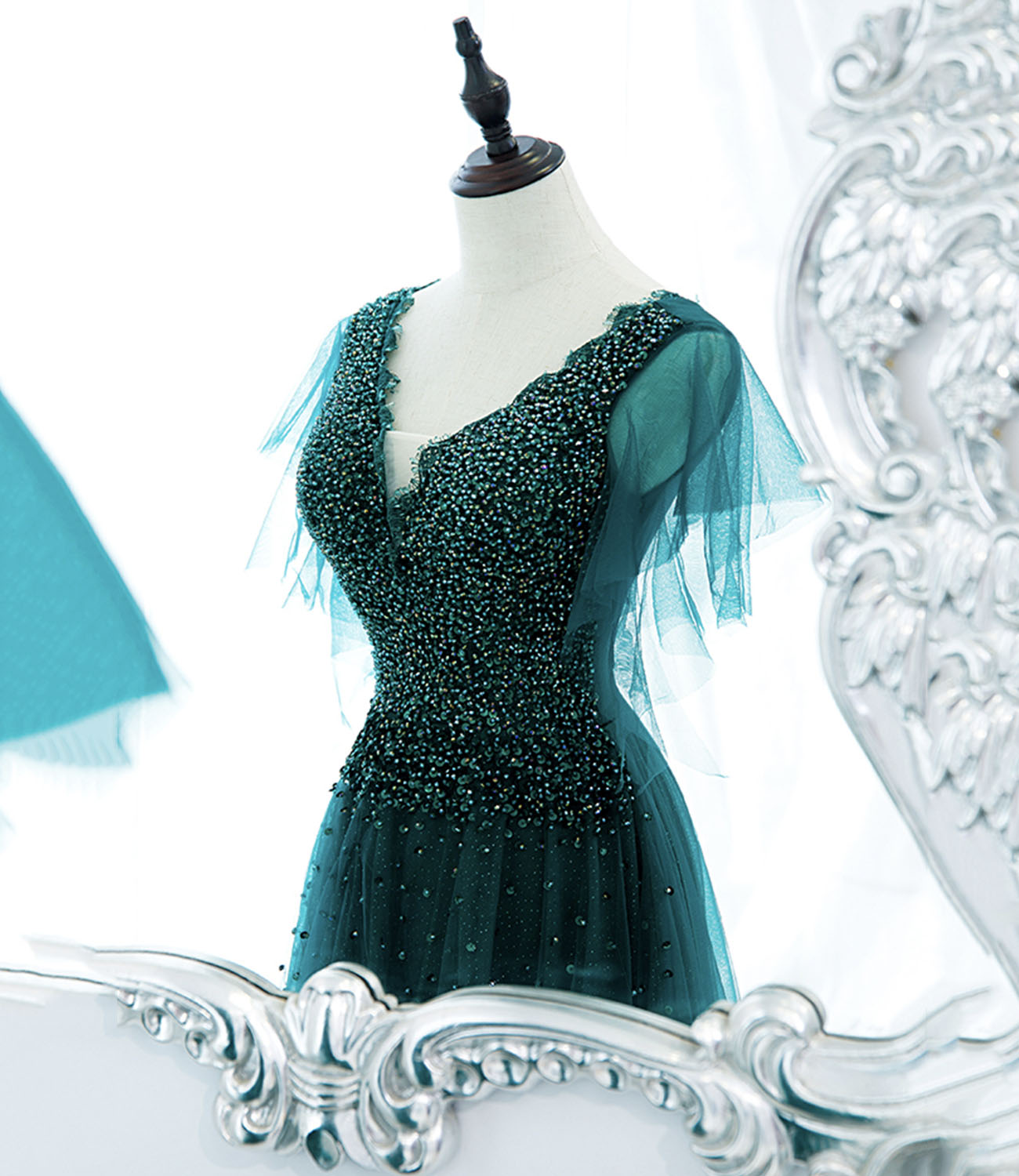 Green tulle beads long prom dress evening gown  10272