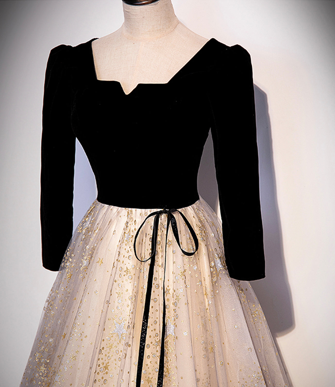 Black velvet tulle long prom dress A line evening gown  10237