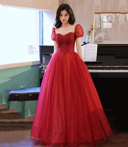 Burgund Tüll Perlen langes Ballkleid Abendkleid 10214