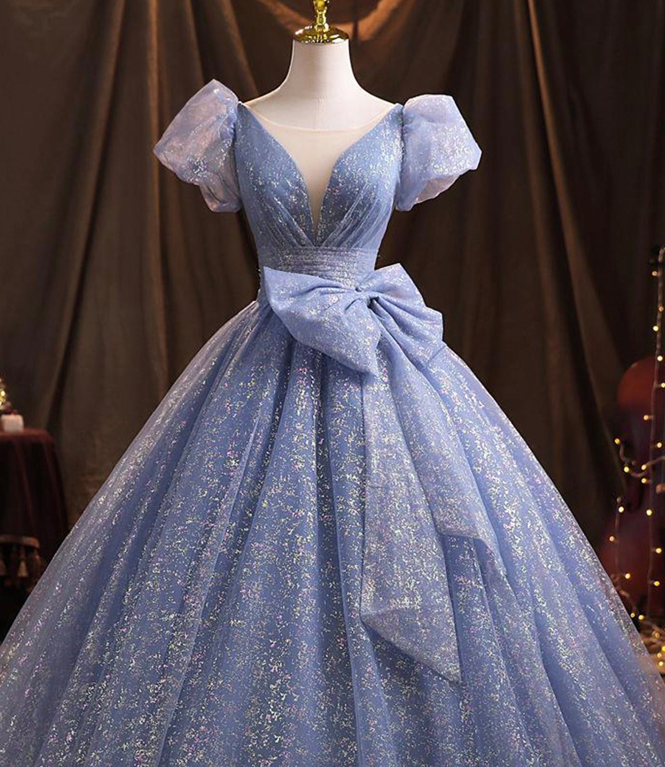 Robe de soirée longue en tulle bleu Robe de soirée trapèze 10229