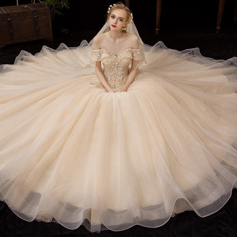 Champagner Tüll Pailletten langes Ballkleid Abendkleid 10250