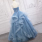 Blue tulle long prom dress blue evening gown  10248