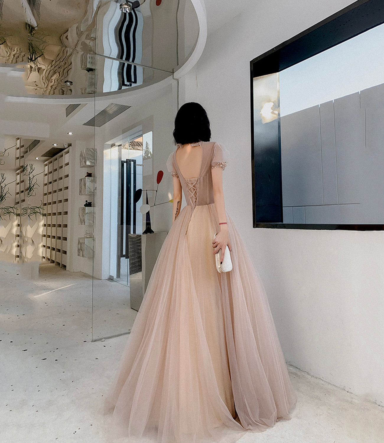 Cute tulle beads long prom dress A line evening gown  10264