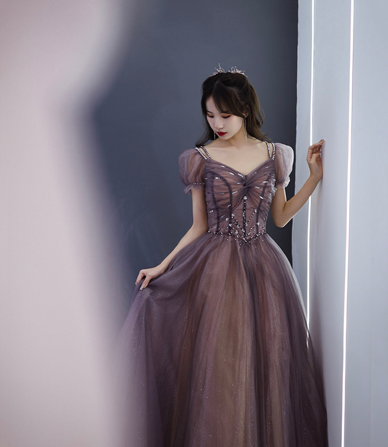 Cute tulle long prom dress A line evening gown  10280