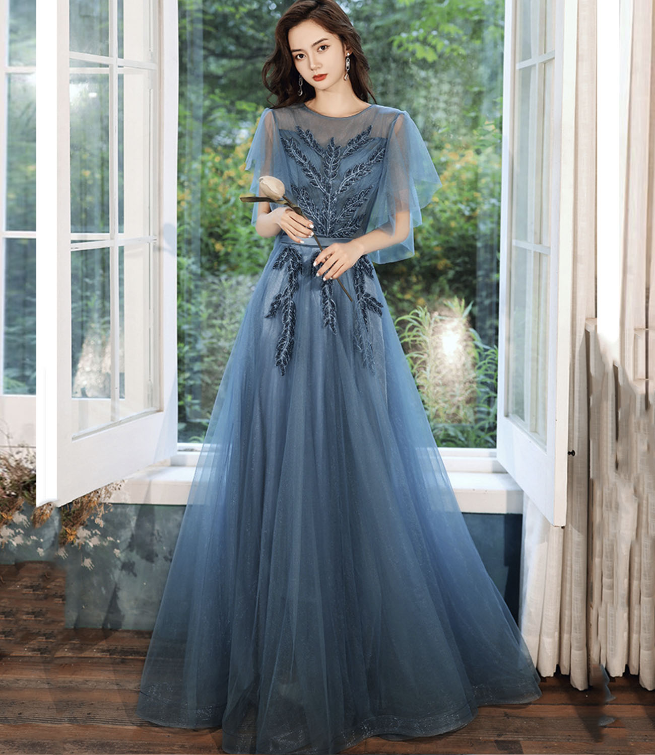 Blaues langes Ballkleid aus Tüllspitze blaues Abendkleid 10286