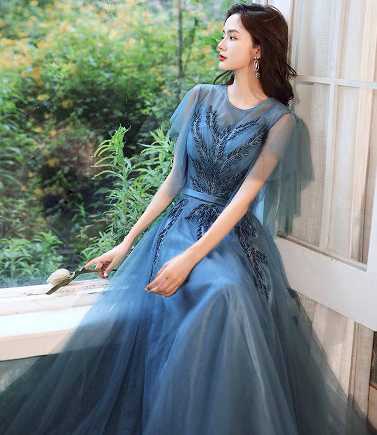 Blaues langes Ballkleid aus Tüllspitze blaues Abendkleid 10286