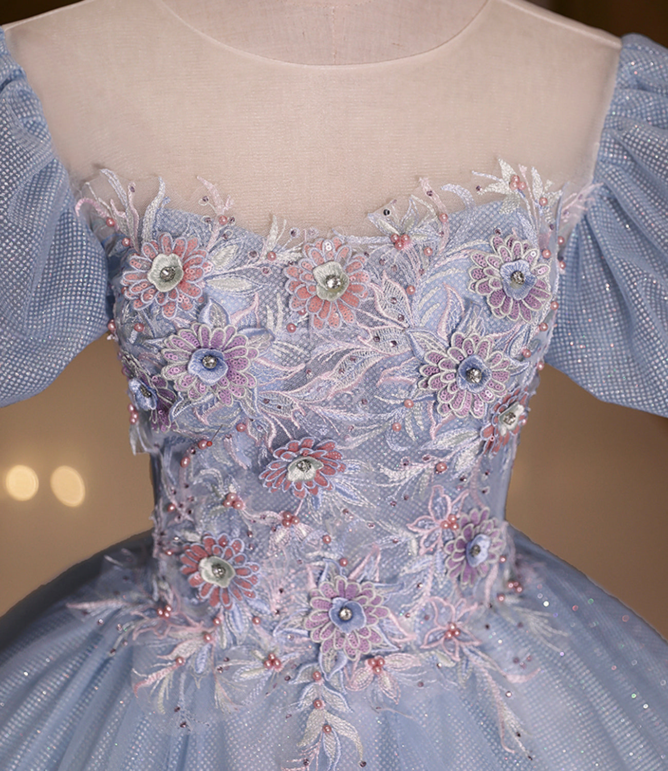 Blaues, glänzendes, modisches, elegantes, exquisites Tüll-Spitzenkleid mit Blumenapplikationen, langes Ballkleid, Abendkleid, Abschlusskleid 10259