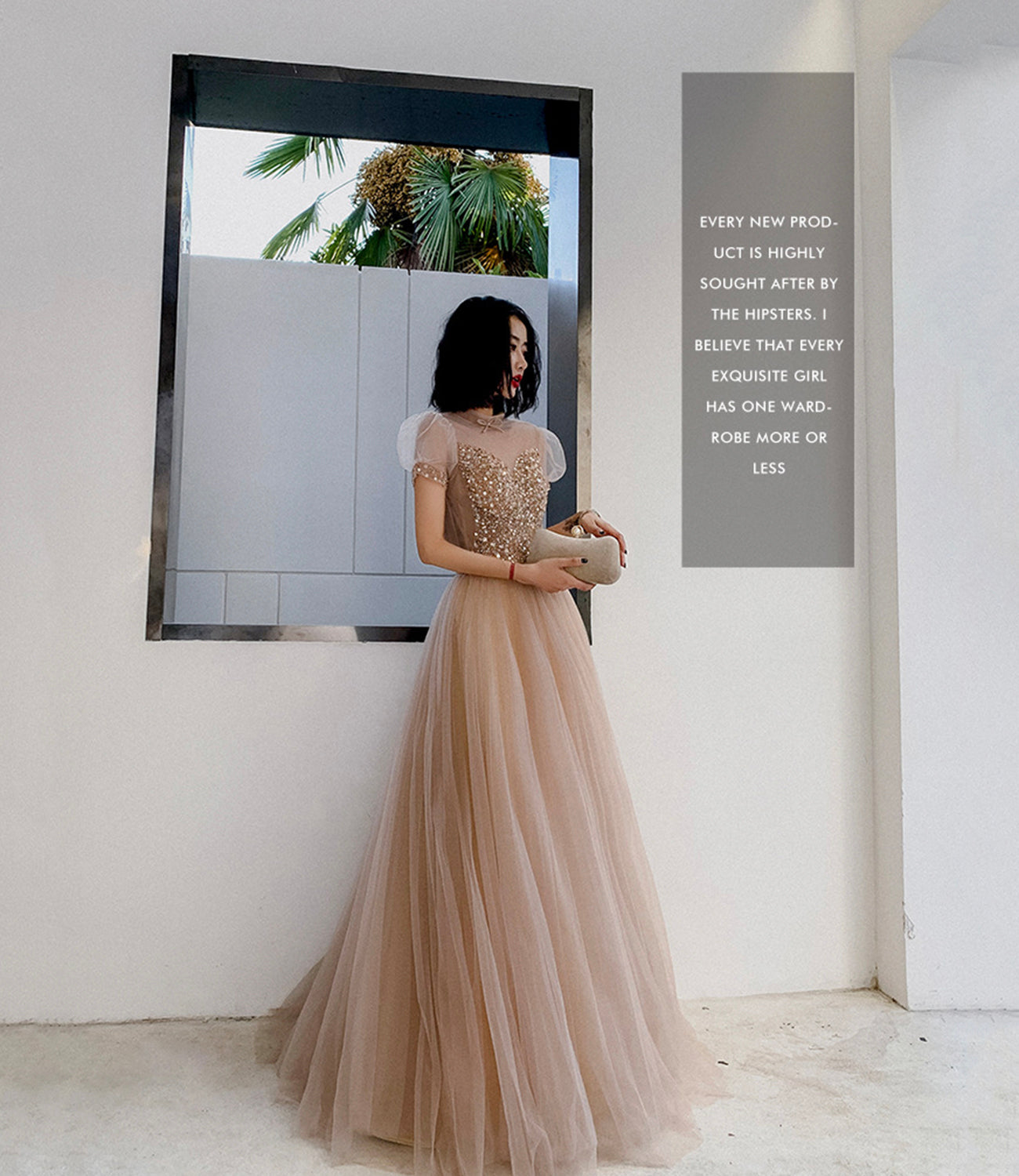 Cute tulle beads long prom dress A line evening gown  10264