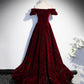 Burgundy velvet long prom dress A line evening gown  10274