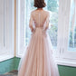 Pink tulle lace long prom dress pink evening dress  10267