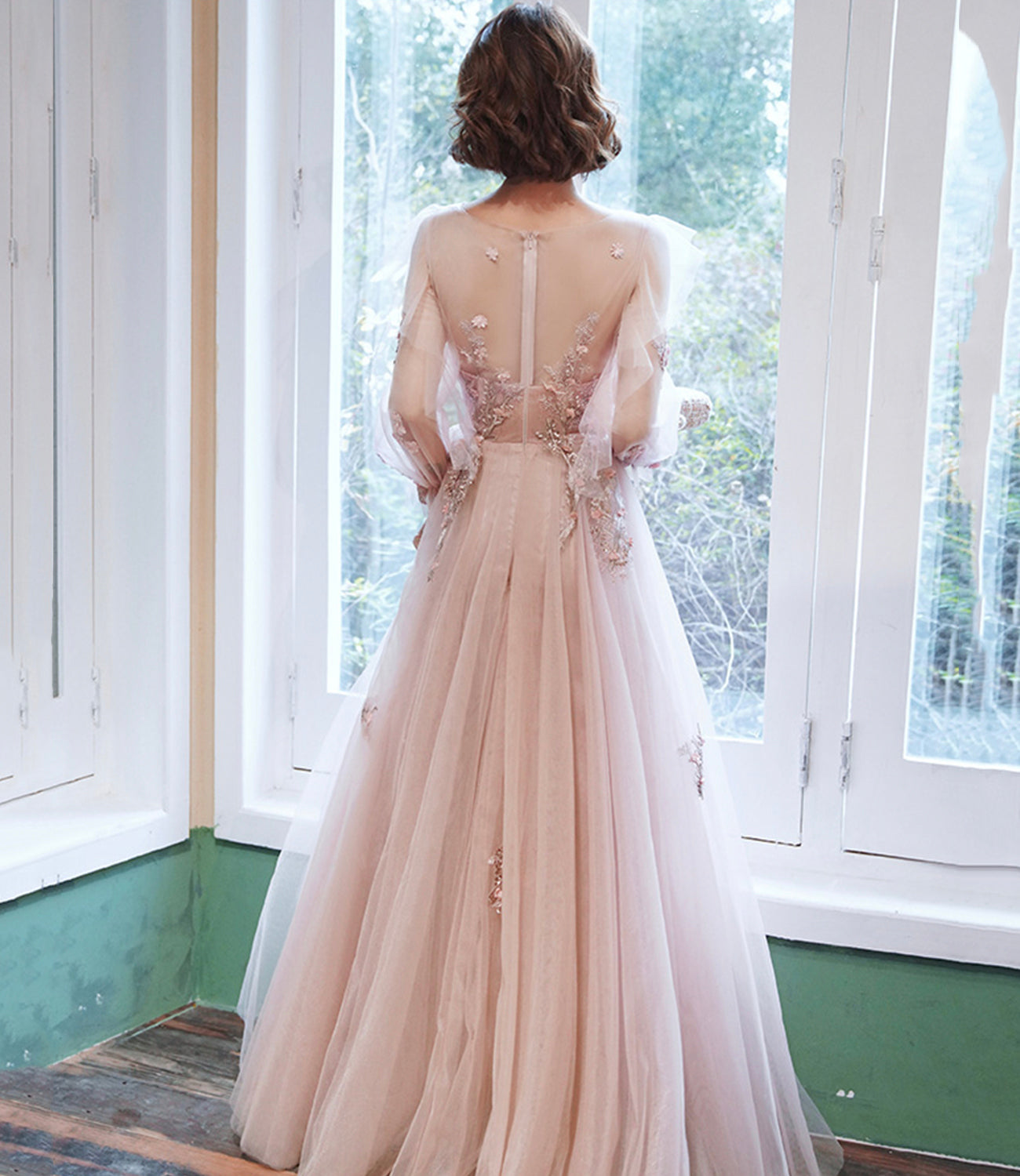 Pink tulle lace long prom dress pink evening dress  10267