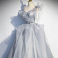 Graues langes Ballkleid aus Tüll A-Linie Abendkleid 10273