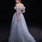 Blue tulle long A line prom dress blue evening dress  10291