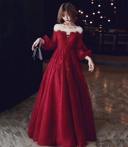 Langes Ballkleid aus bordeauxroter Spitze Abendkleid in A-Linie 10213