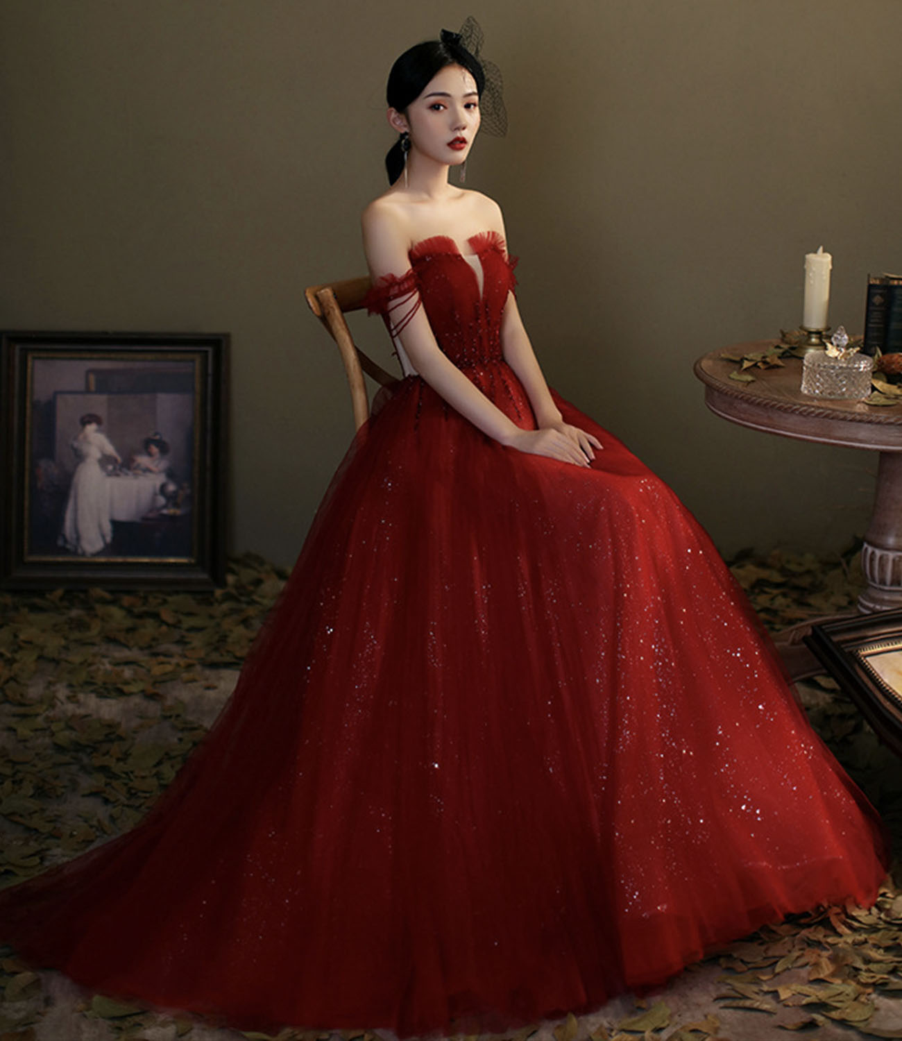 Langes Ballkleid Abendkleid aus rotem Tüll mit Pailletten 10276