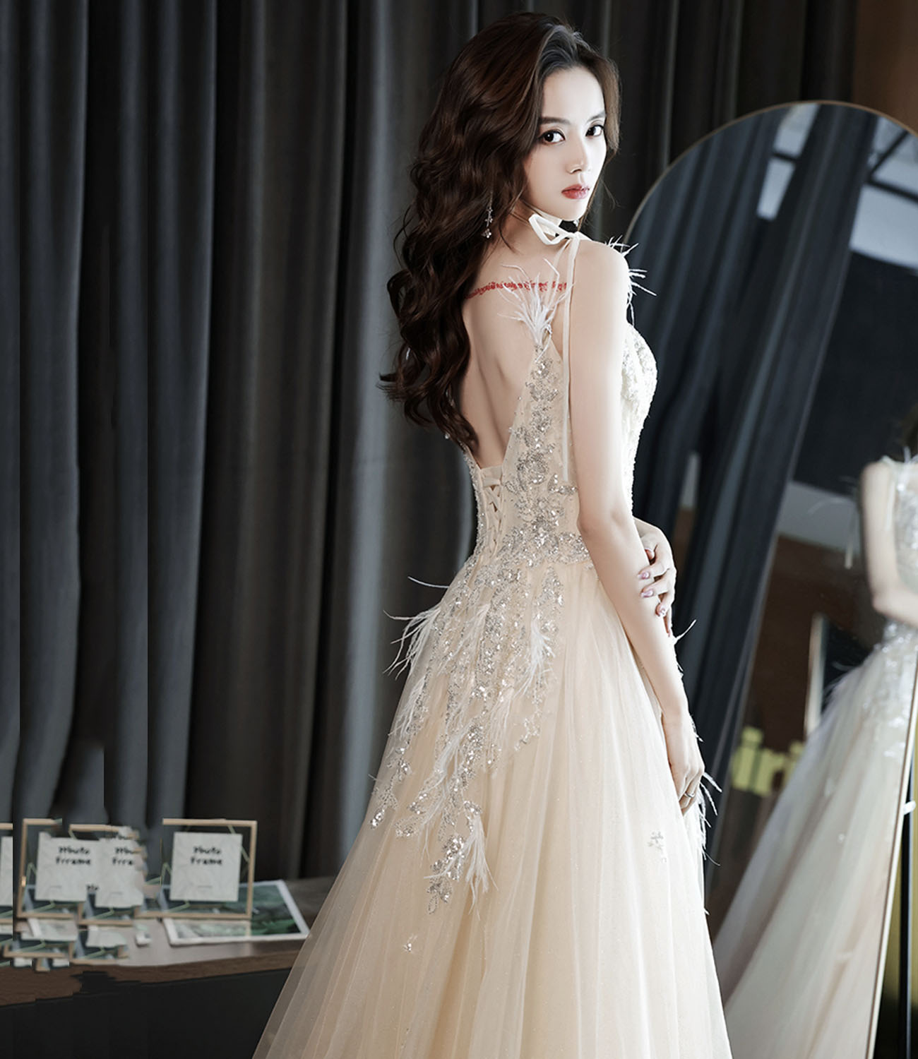 Champagner Tüll Pailletten langes Ballkleid Abendkleid 10281