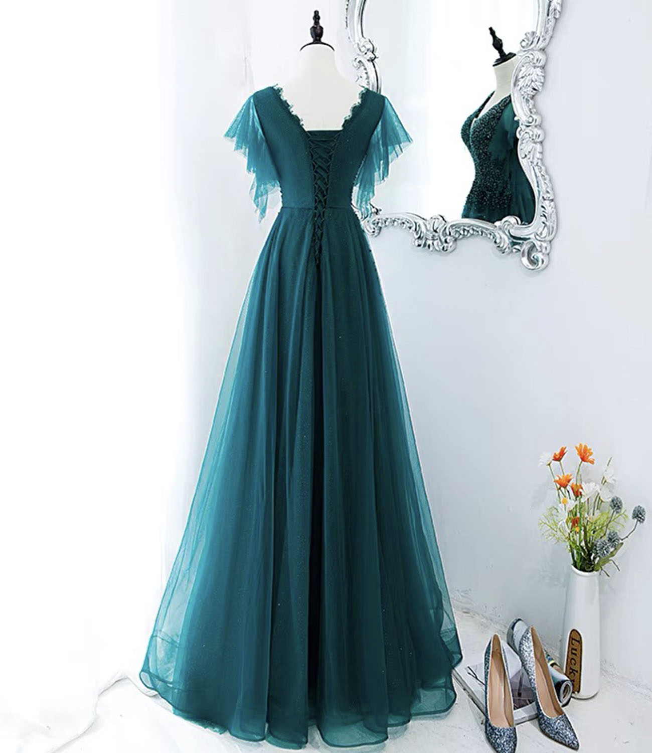 Green tulle beads long prom dress evening gown  10272