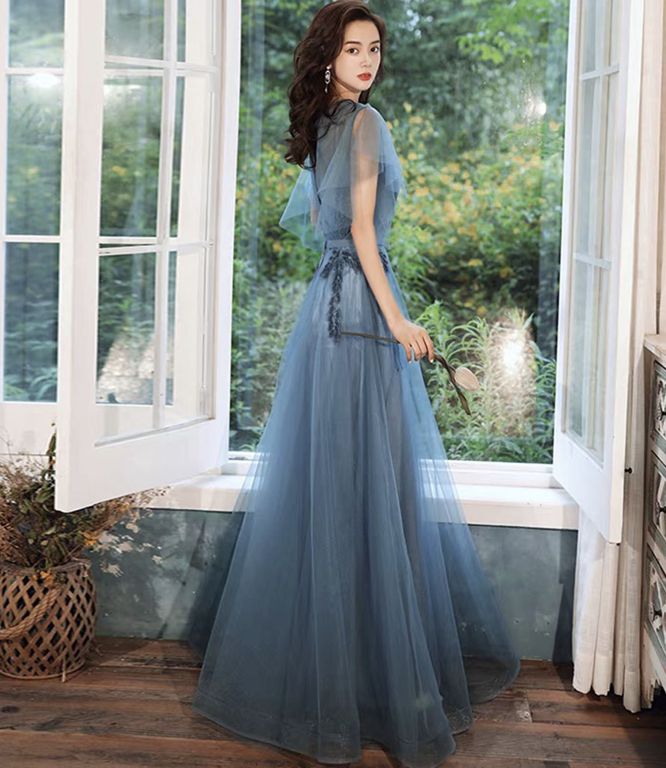 Blaues langes Ballkleid aus Tüllspitze blaues Abendkleid 10286