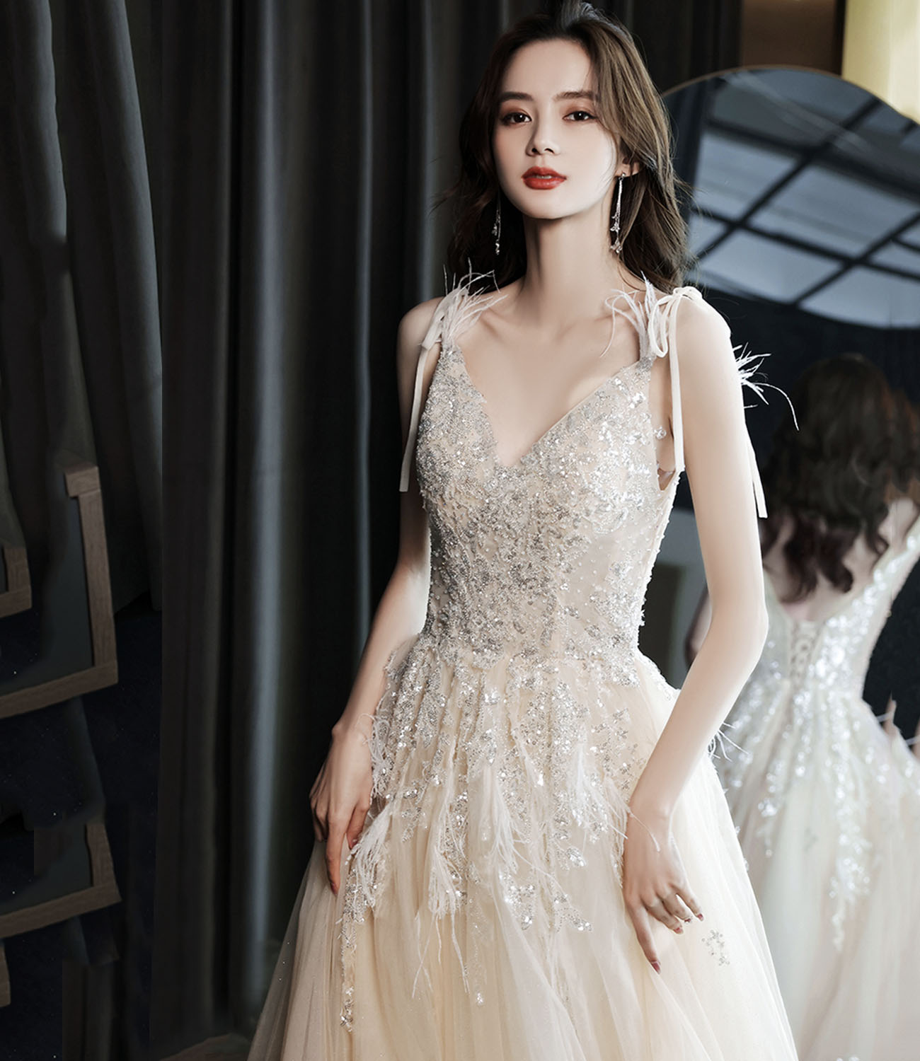 Champagner Tüll Pailletten langes Ballkleid Abendkleid 10281