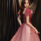 Burgundy tulle long prom dress A line evening gown  10256